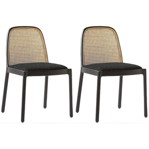 Bay Isle Home Daemyn Black Cane Dining Room Boucle + Rattan Chairs